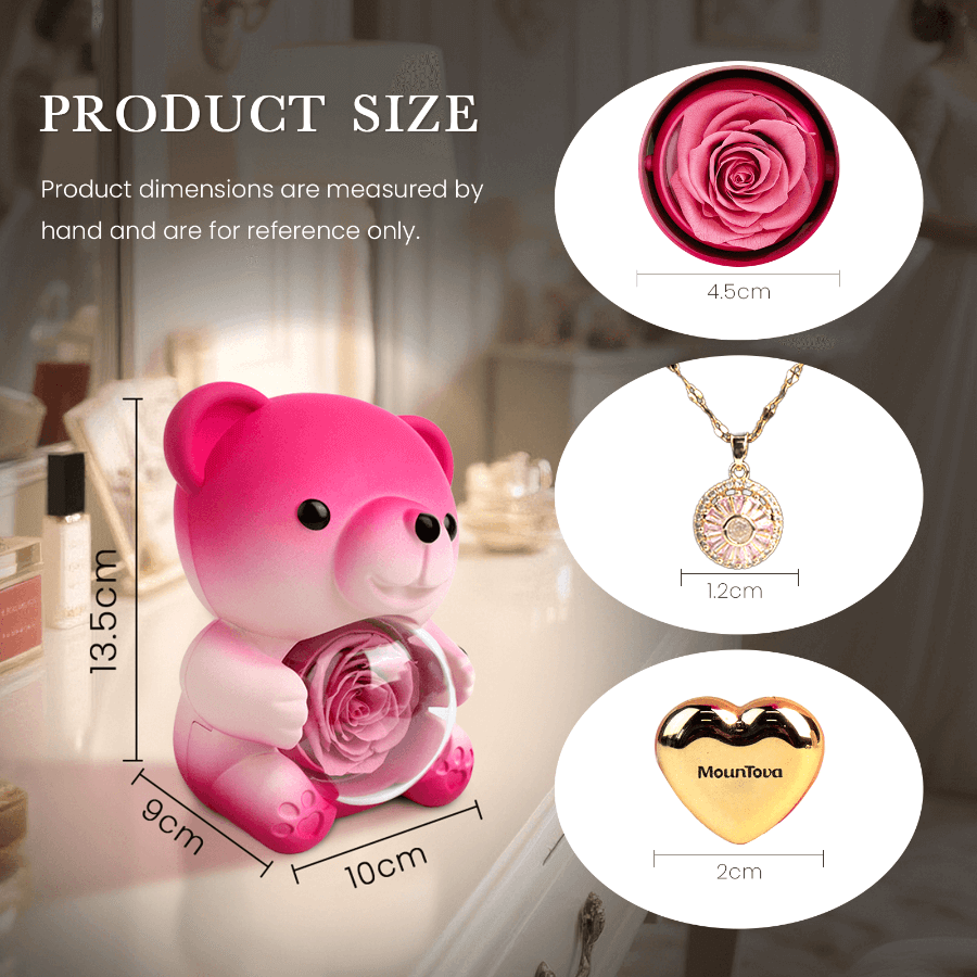 Ours en peluche rose dégradé et rose préservée avec collier caché