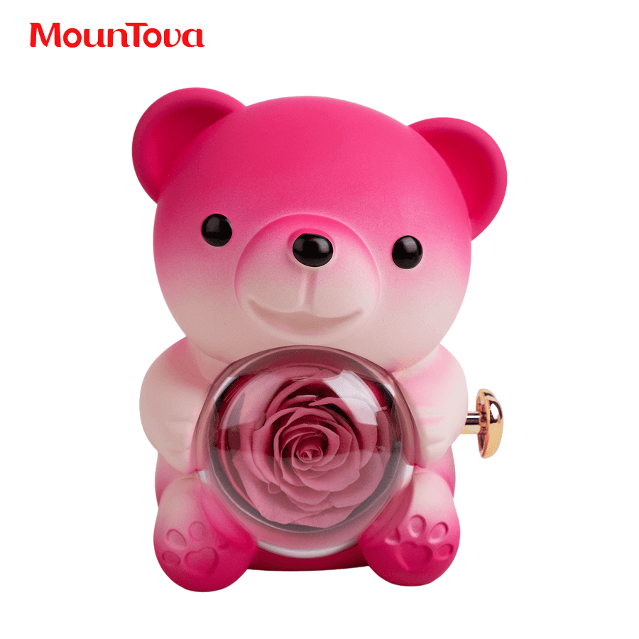 Ours en peluche rose dégradé et rose préservée avec collier caché